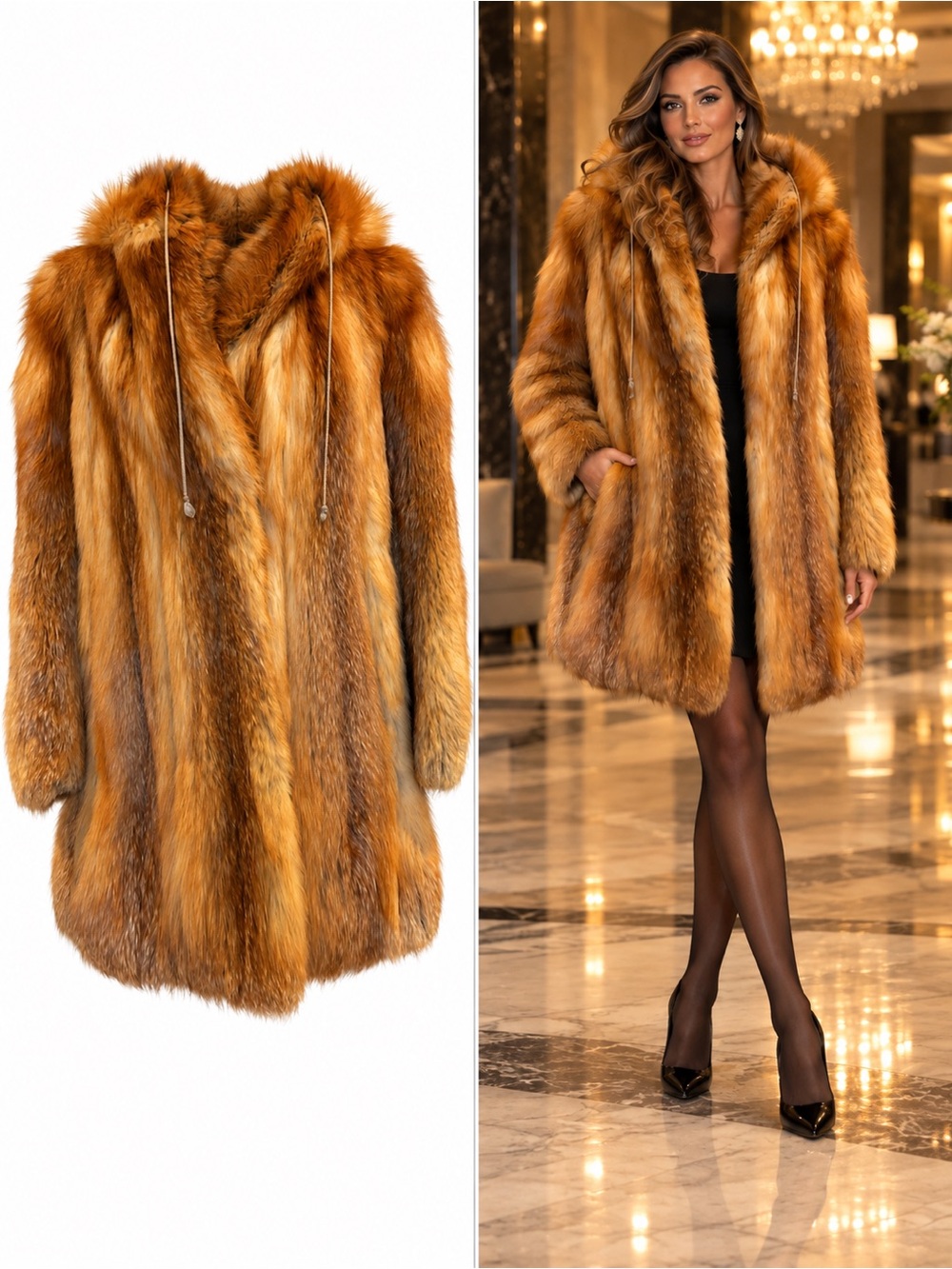 Vintage Golden Red Fox Fur Hooded Short Coat Jacket Luxury Glamorous Women’s M/L